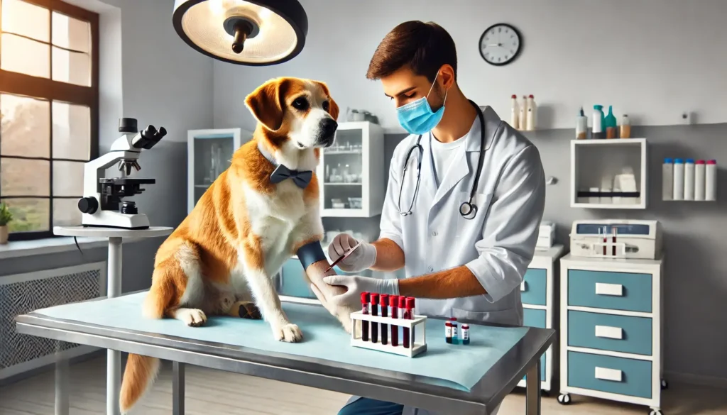 A vet drawing blood from a dog’s leg for a Complete Blood Count (CBC) test in a clean, professional veterinary clinic.